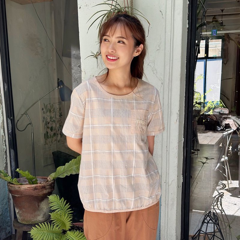 Hana Mokuba 線條格紋下擺收口上衣 - 女上衣/長袖上衣 - 其他材質