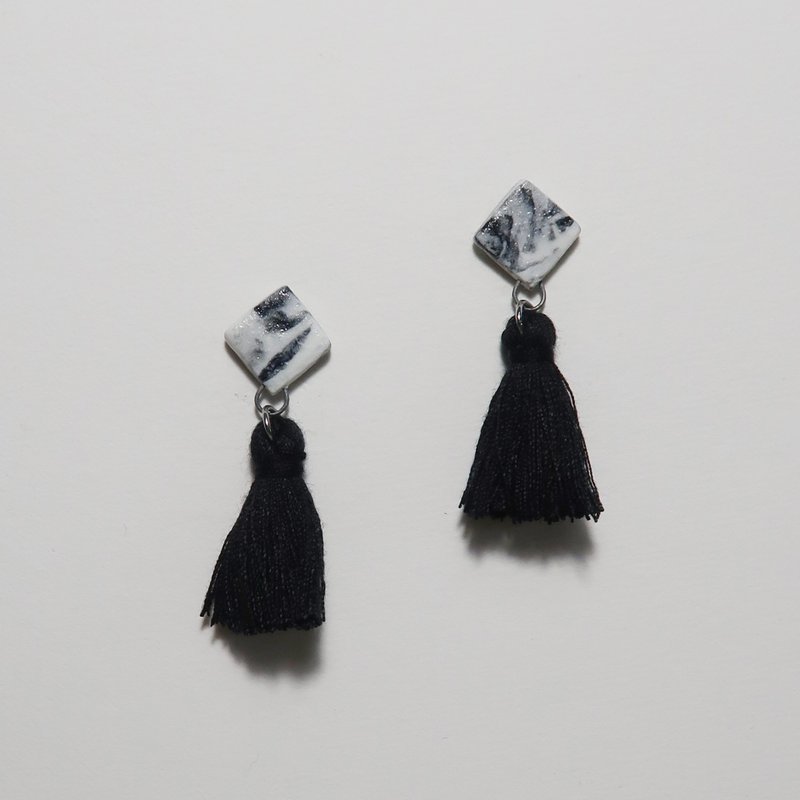 Stone Geometric Tassel Earrings - Graphite Black (Mini Square)