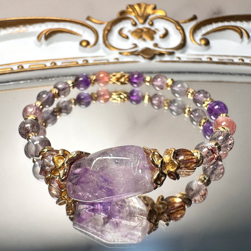 超七天然水晶手鍊|全方位|招財招桃花|招貴人防小人|金草莓黑金超 - 手鍊/手環 - 水晶 紫色