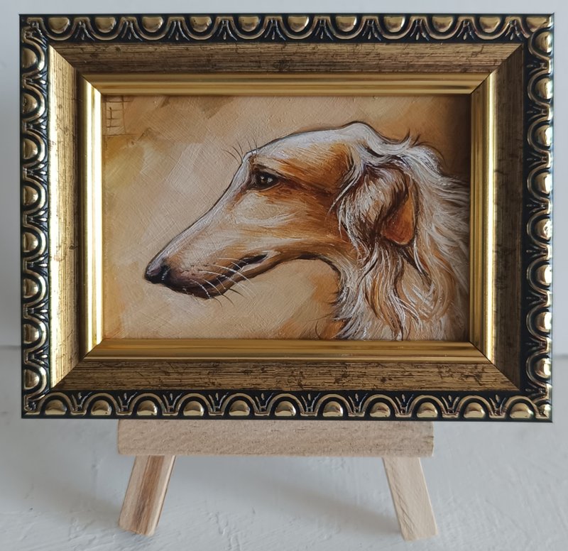 ACEO 俄羅斯獵狼犬肖像油畫原畫 狗狗藝術 2.5*3.5 英寸 - 壁貼/牆壁裝飾 - 其他金屬 金色