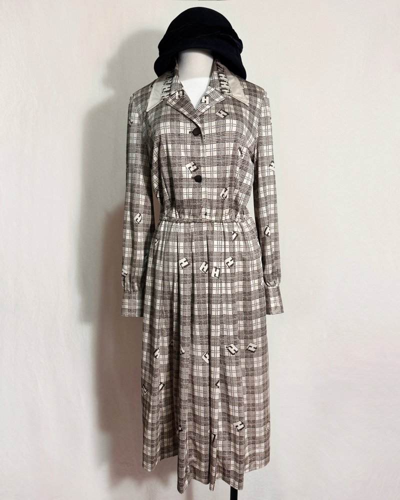 復古格紋長袖古著洋裝/ 國外帶回 VINTAGE - 洋裝/連身裙 - 聚酯纖維 咖啡色