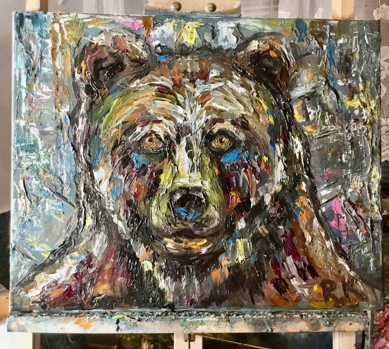 Spirit of the Wild – Expressive Bear Oil Painting on Canvas, Original Impasto An - 壁貼/牆壁裝飾 - 其他材質 多色