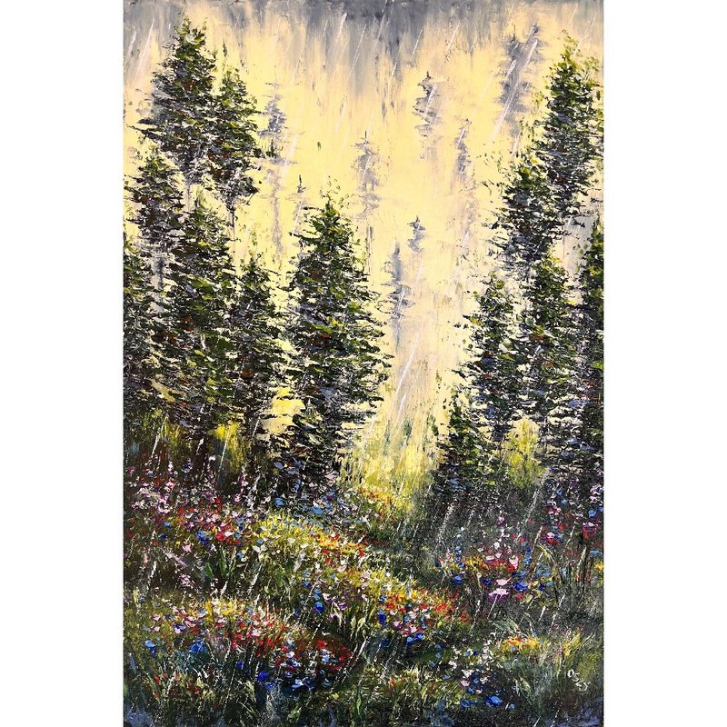 Rain Painting Forest Art Original Artwork Canvas 60x40cm - 海報/掛畫/掛布 - 棉.麻 多色