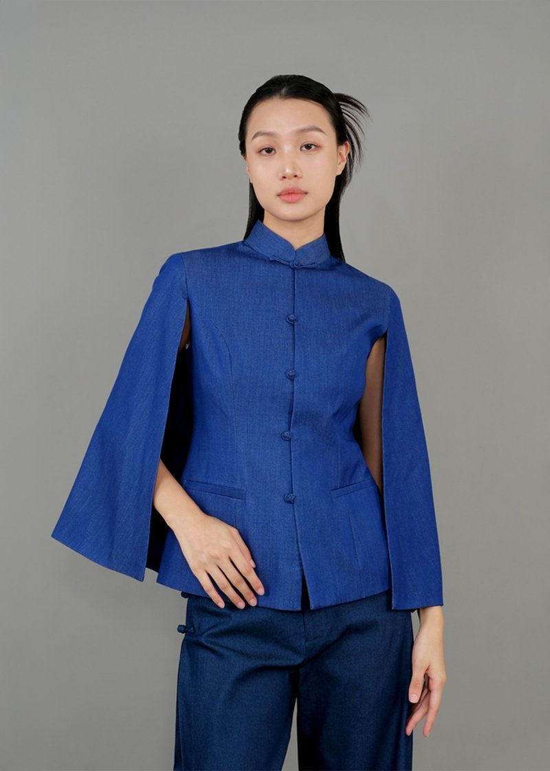 牛仔旗袍斗篷 (中藍色) |香港設計 - 女大衣/外套 - 棉.麻 藍色