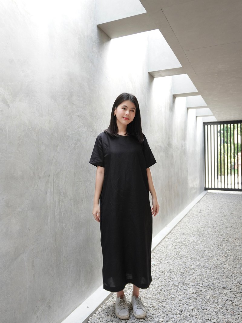 黑色 長洋裝 BLACK SHORT SLEEVE LINEN DRESS - 洋裝/連身裙 - 亞麻 黑色