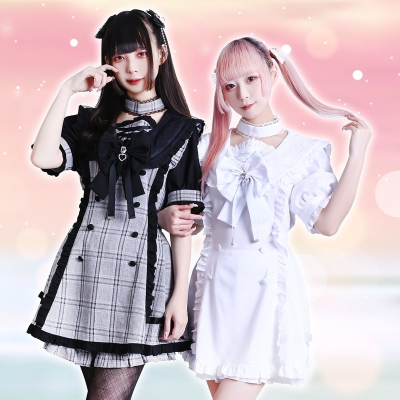 原創量產型浪漫序章格紋領結水手服雙排扣短袖洋裝短褲套裝JJ2542 - 洋裝/連身裙 - 棉.麻