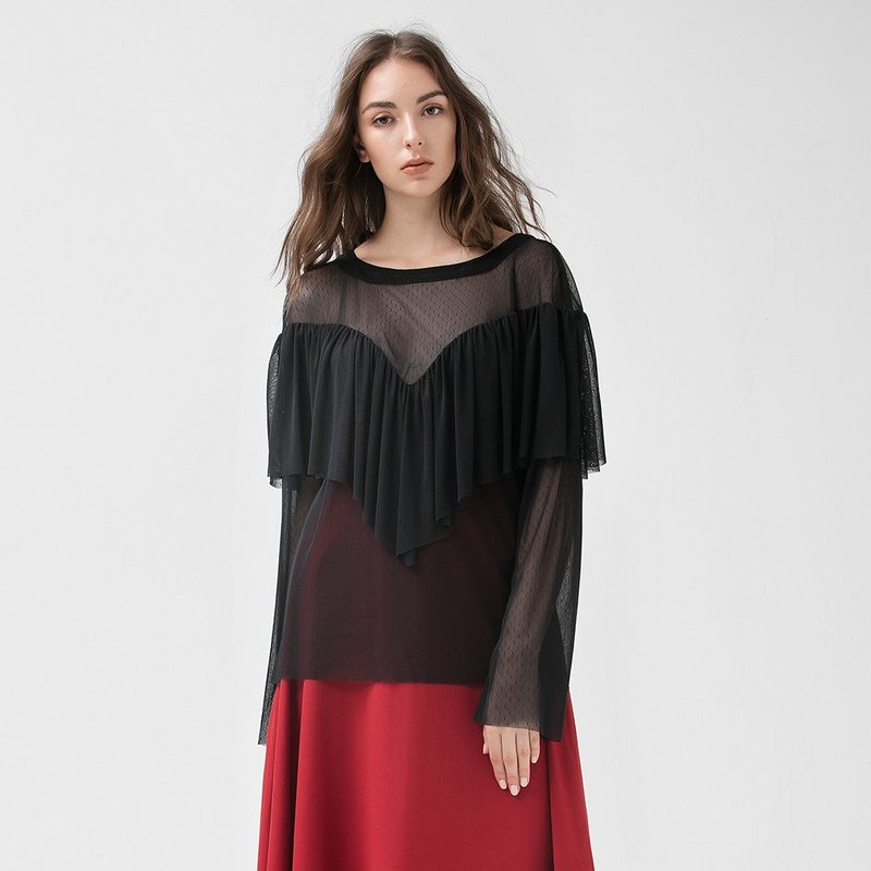VACAE polka dot pleated detail translucent long-sleeved top