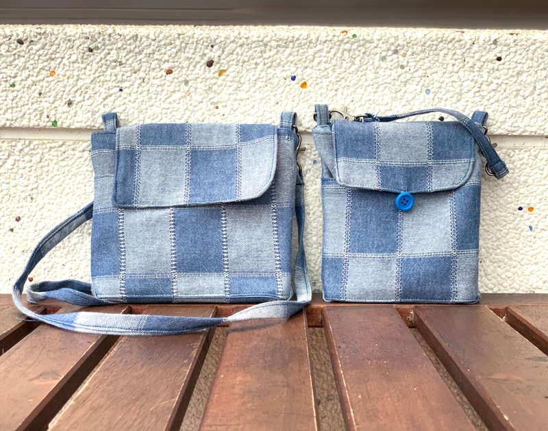 是格子的牛仔小提袋/手機袋 - 其他 - 棉.麻 藍色