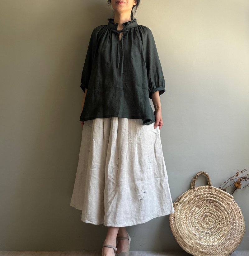 神秘湖泊湖水綠色酵素洗亞麻荷葉立領/蝴蝶結長袖上衣 - 女上衣/長袖上衣 - 棉.麻