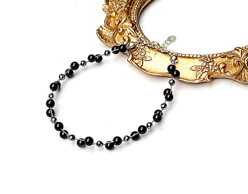 簡約質感系列-彩眼黑曜石x鑽石切面太赫兹編織925純銀手鍊 客製化 - 手鍊/手環 - 水晶 黑色