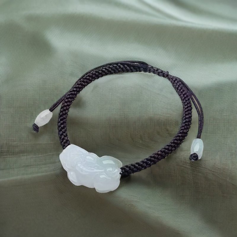 【招財神獸】冰飄綠花貔貅編織手鍊 | 天然緬甸玉翡翠A貨 | 送禮 - 手鍊/手環 - 玉石 白色