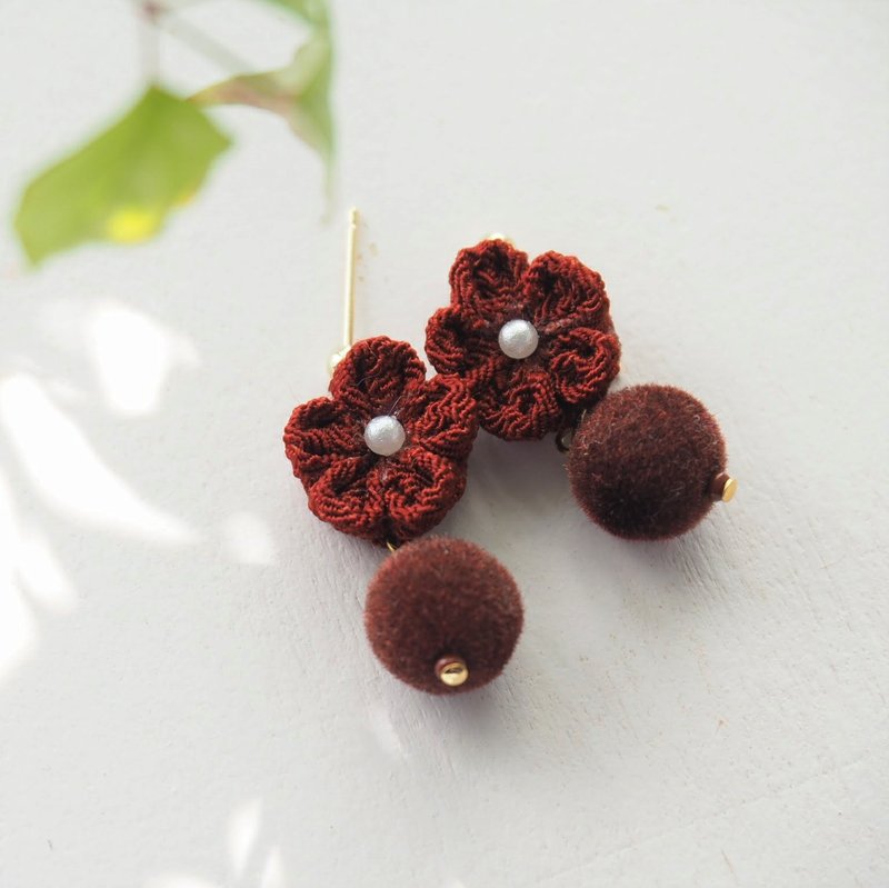 Brown Fabric Flower and Ball Drop Earrings Clip-on 14KGF, S925 custom