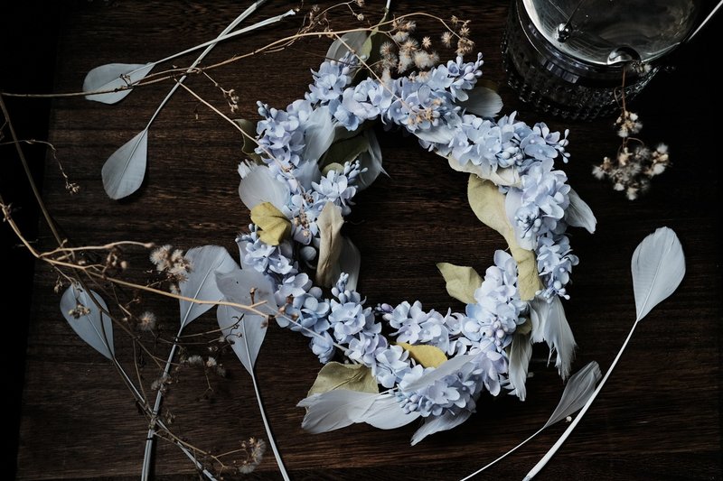 Lilac with feather wreath - Handmade fabric flowers wreath