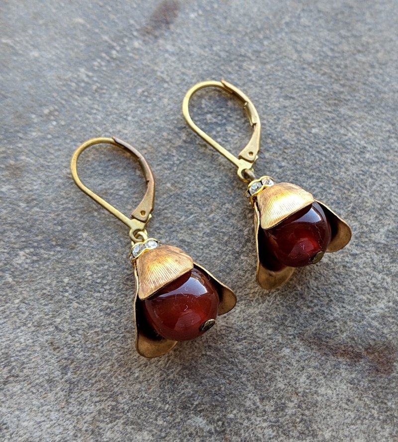 Brass Flower Cap Marble Earrings