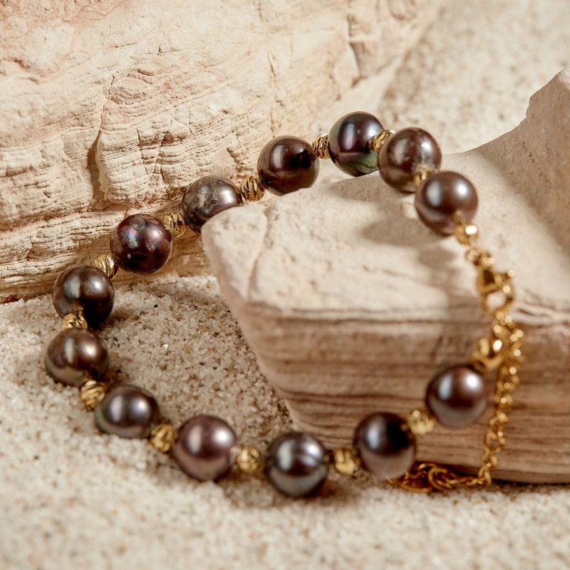 天然黑色淡水珍珠手鏈 9–10mm 金色珠子 時尚經典 新年禮物 - 手鍊/手環 - 珍珠 黑色