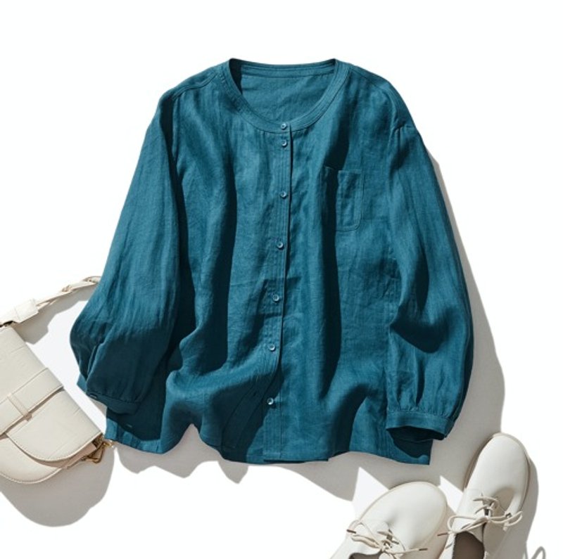 獨特設計亞麻長袖襯衫 休閒風格 透氣舒適 孔雀藍 230923-4 - 女上衣/長袖上衣 - 棉.麻