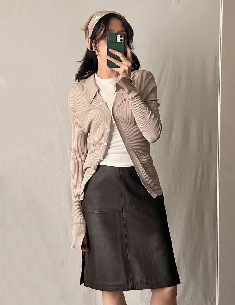 90年代深可可十字線牛皮開衩A字及膝裙 古著 S - 裙子/長裙 - 真皮 咖啡色