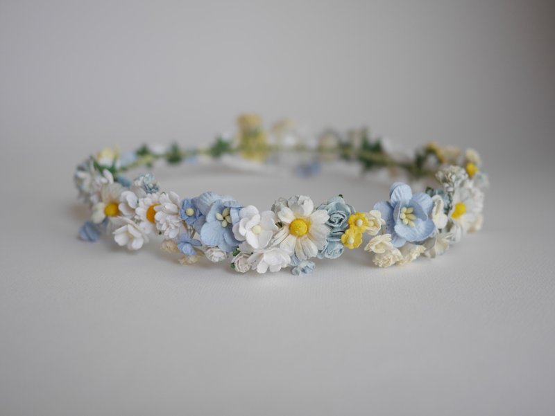 Paper Flower tiara , artificial flowers DIY Headband, white, blue yellow color - 髮夾/髮圈 - 紙 白色