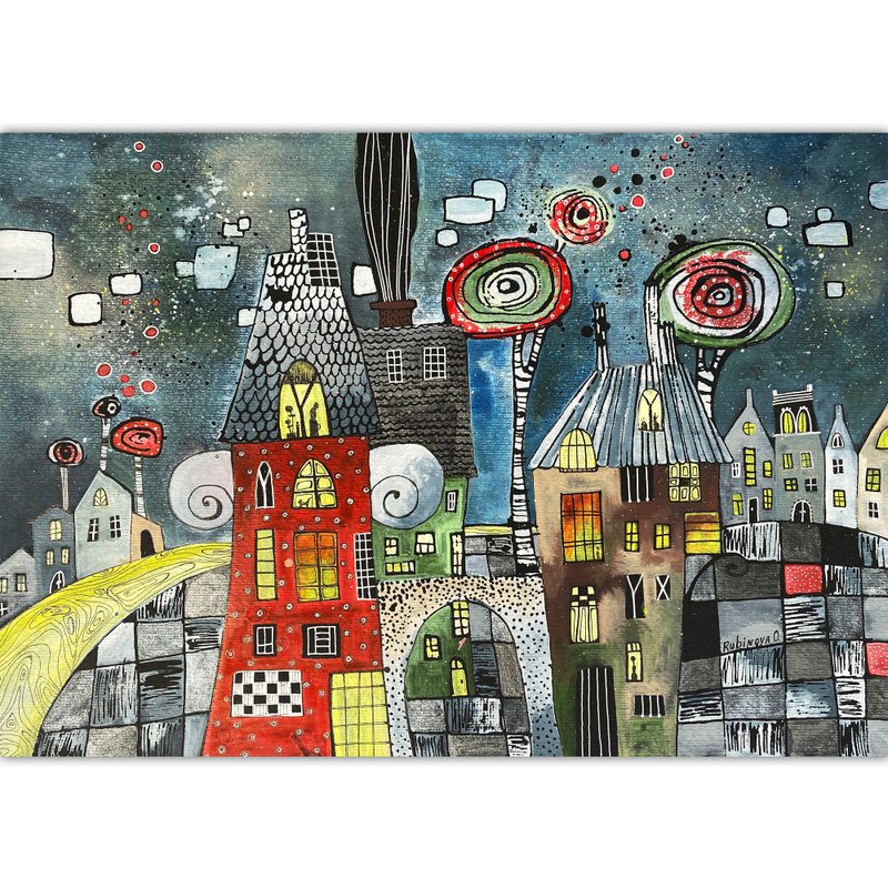 Fairy City painting Fantasy Original art Watercolor wall art Colorful artwork - 海報/掛畫/掛布 - 紙 多色