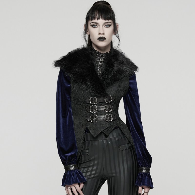 哥德劍士宮廷毛絨翻領燕尾馬甲 - 女大衣/外套 - 其他材質 黑色