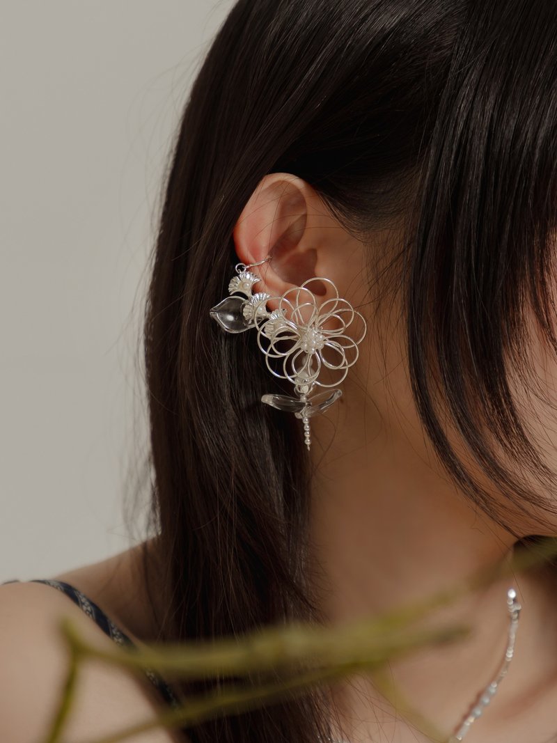 魔比練習室。(4way)MUCHAT手作珍珠花葉純銀針耳骨耳環 - 耳環/耳夾/耳骨夾 - 其他金屬 銀色