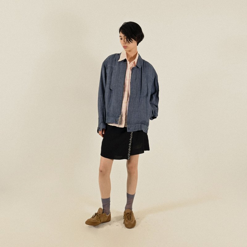 【NaSuBi Vintage】經典輪廓麻質古著夾克外套 - 女大衣/外套 - 棉.麻 藍色