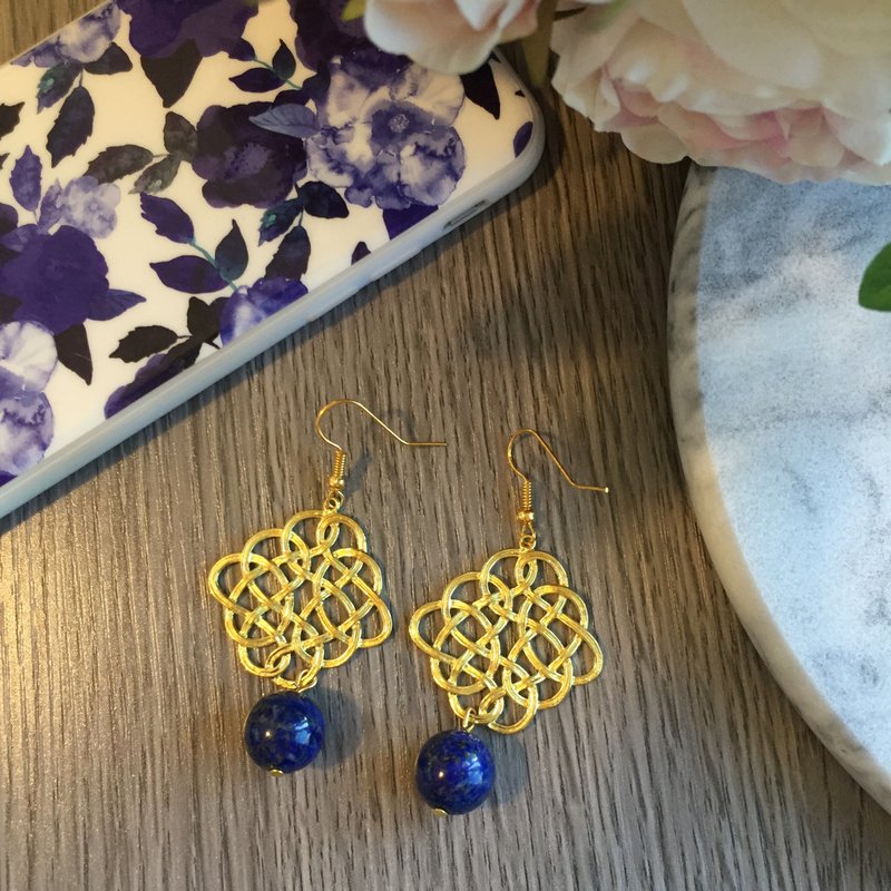 Gold-Tone Endless Knot Earrings with Lapis Lazuli drop