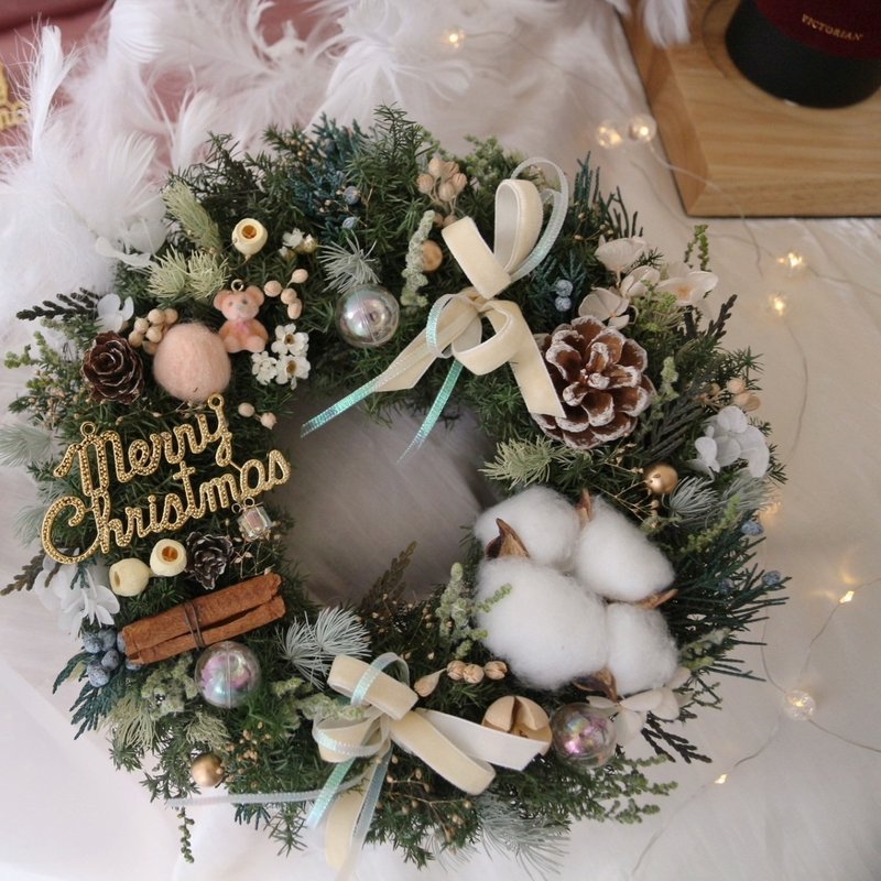 可愛小熊 雪松聖誕花圈 奶杏粉色裝飾 永生聖誕花圈 聖誕節禮物 - 乾燥花/永生花 - 植物.花 橘色