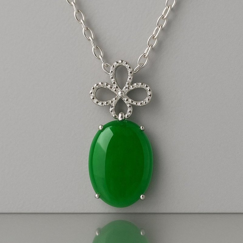 永恆 玉墜 天然碧玉 10x14mm A貨 925 純銀 生日 禮物 - 項鍊 - 玉石 綠色