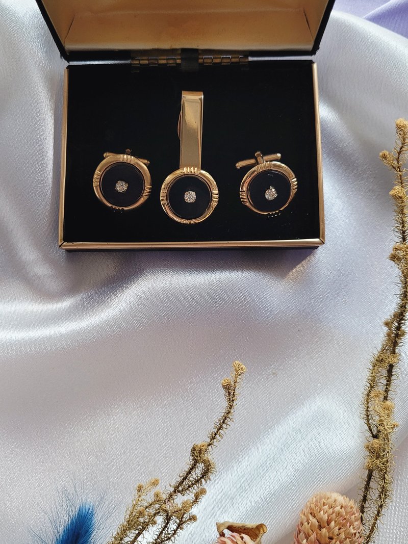 美國西洋古董飾品 /黑塑石萊茵金色紳士領帶夾/袖扣套組/男士珠寶 - 領帶/領帶夾 - 其他金屬