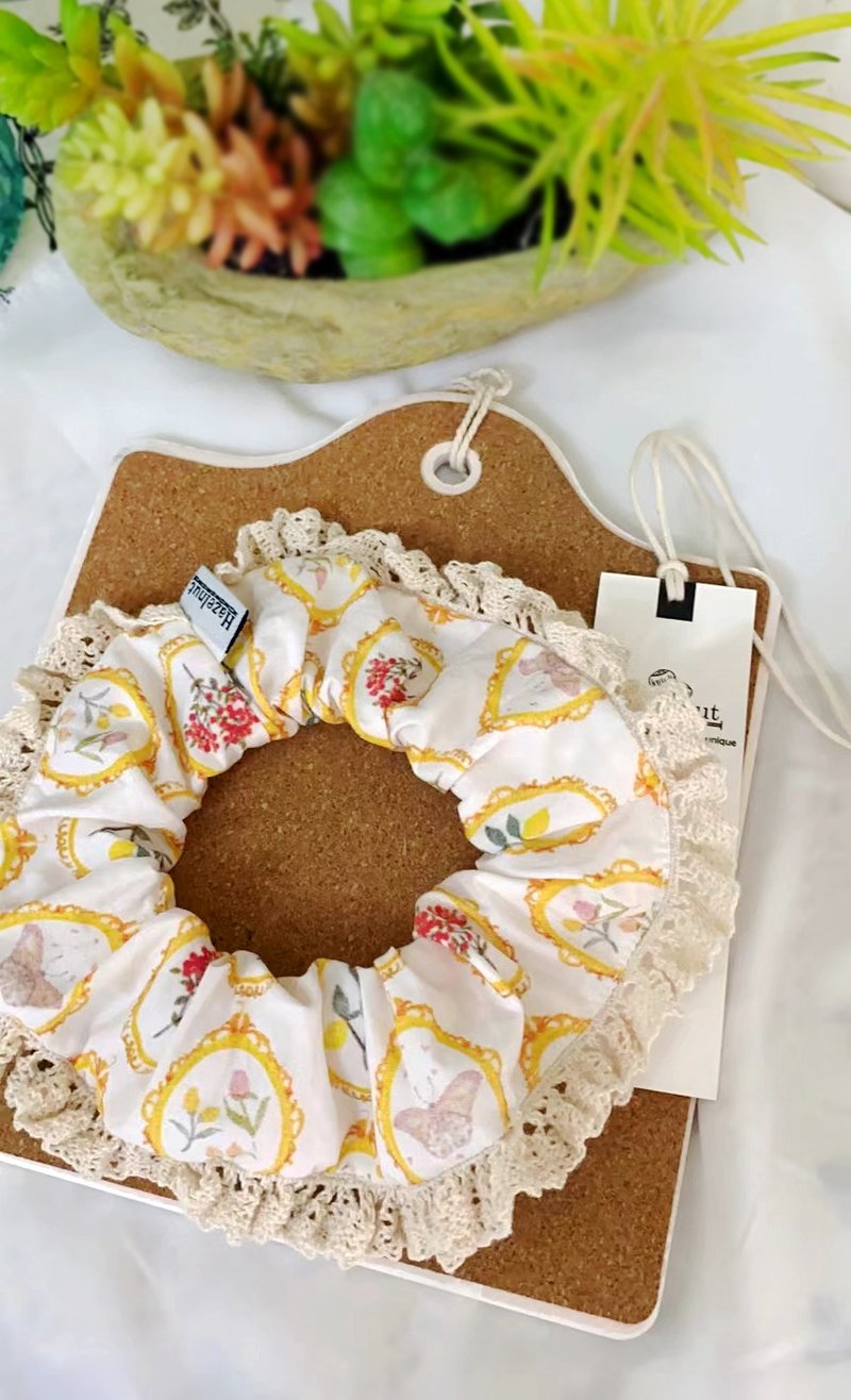 手工做黃色花朵花邊圖案小腸圈髮圈髮束大腸髮甜甜圈髮飾 - 髮夾/髮圈 - 棉.麻