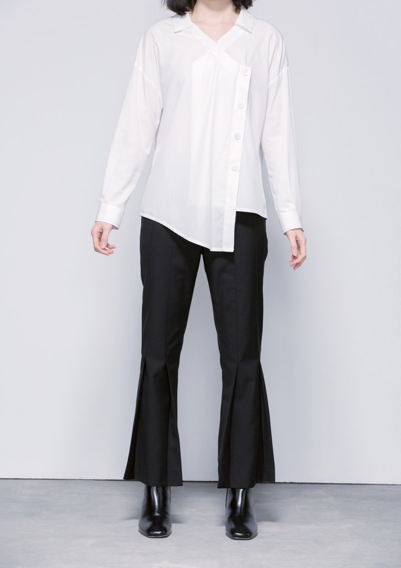 原創設計簡約摺褶喇叭褲腳女西褲長褲 - 女長褲 - 聚酯纖維 黑色