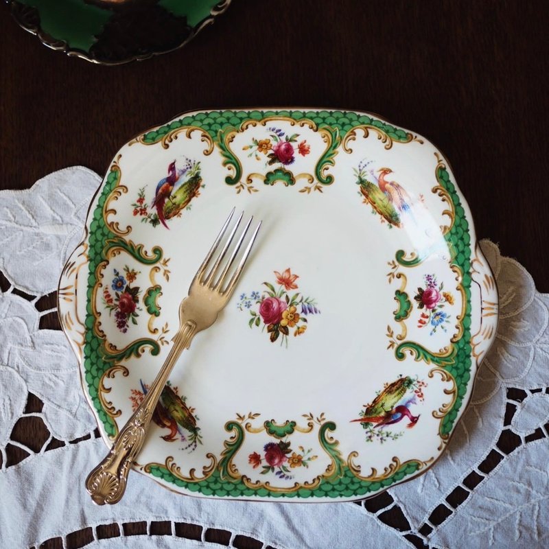 英國古董 Grosvenor China 骨瓷蛋糕碟 - 盤子/餐盤/盤架 - 瓷 綠色