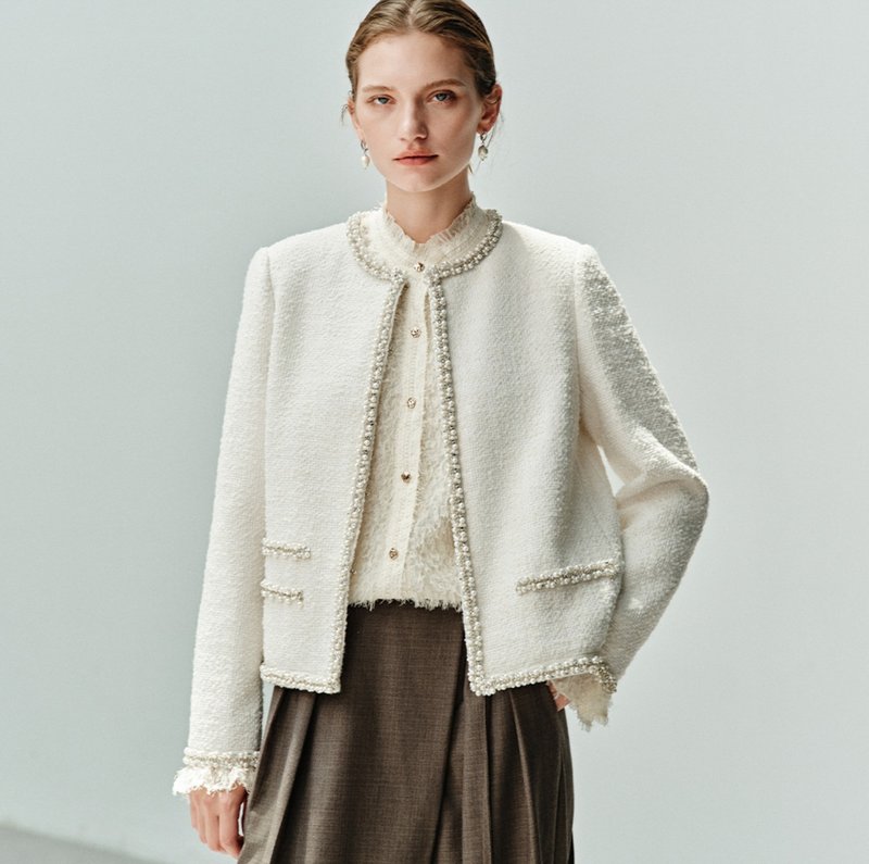 【重工羊毛】法式簡約 珍珠花邊/羊毛外套 - 女西裝外套 - 羊毛 白色