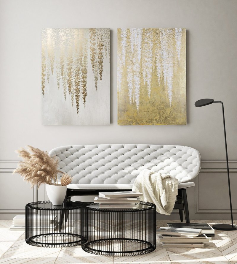 Wisteria Painting | Gold White Gray Painting | Gold Wisteria | White Wisteria 2 - 壁貼/牆壁裝飾 - 棉.麻 金色