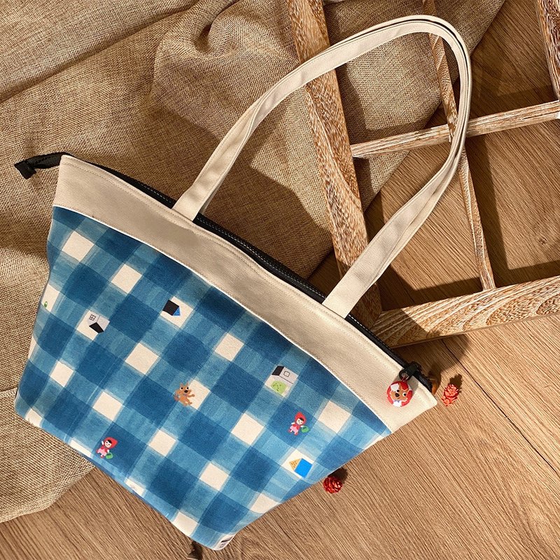 野餐籃托特包- 街頭散步 手提包 肩背包 藍格子 台灣製 - 手提包/手提袋 - 棉.麻 藍色