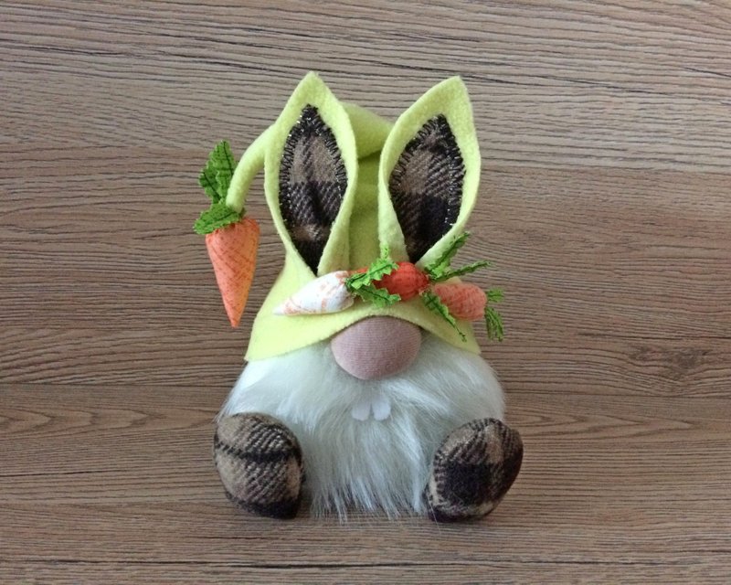 Easter bunny elf with carrots Spring elf Easter tiered tray decor - 公仔/玩偶 - 棉.麻 黃色
