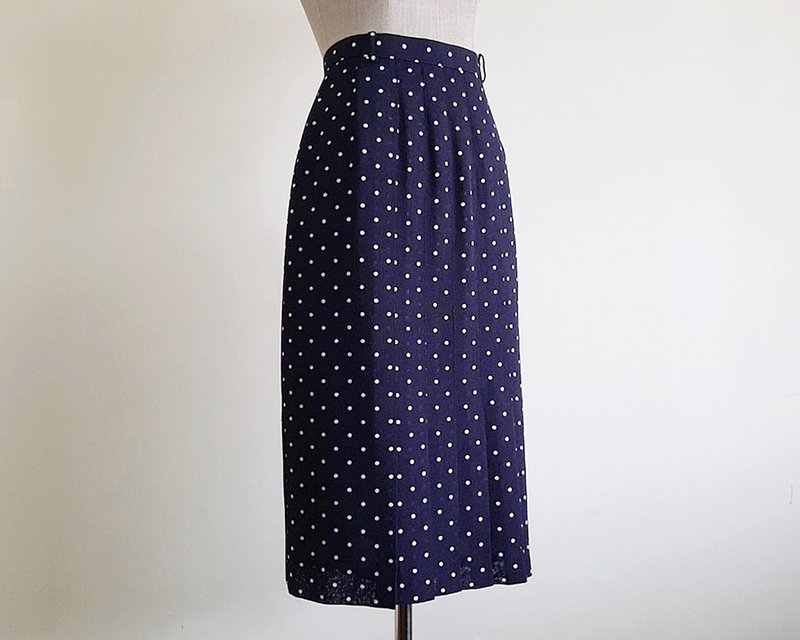 26 Waist Vintage Navy Blue White Polka Dot Skirt Womens Polyester Midi Skirt S - 裙子/長裙 - 聚酯纖維 藍色