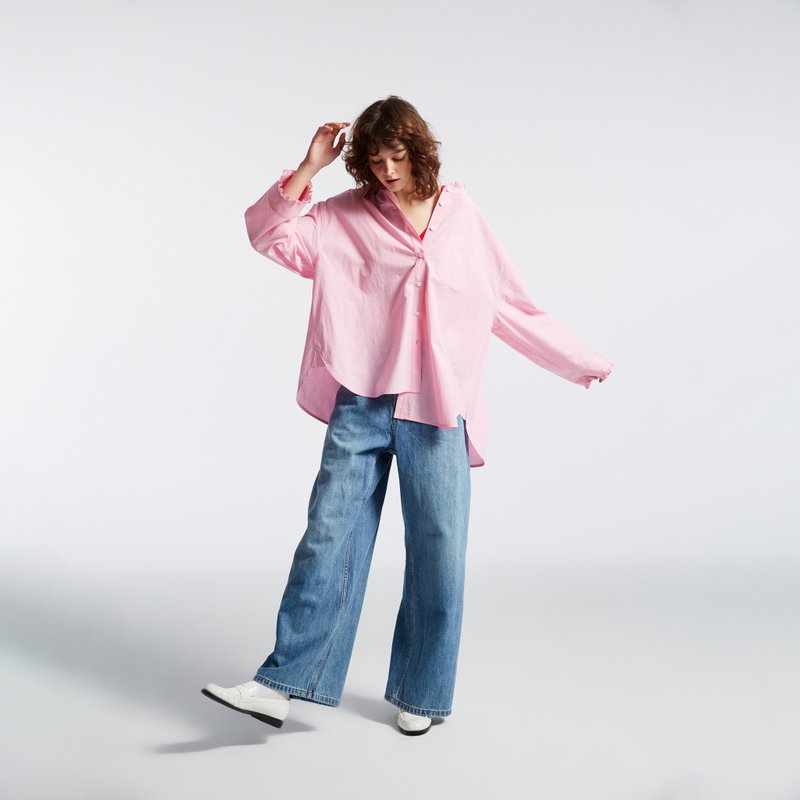 10 MOOn 芭比粉摺皺荷葉寬袖襯衫 - 女襯衫 - 棉.麻 粉紅色