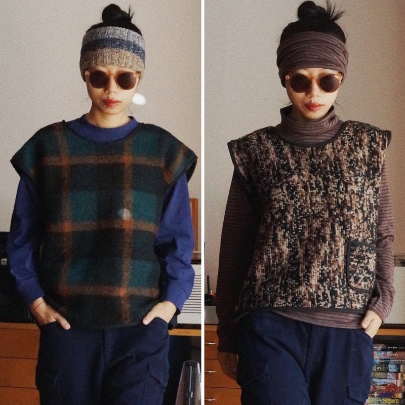 針織羊毛 秋冬馬甲 義大利綠格色織蓬鬆軟糯羊毛和棕咖 - 女大衣/外套 - 羊毛 綠色