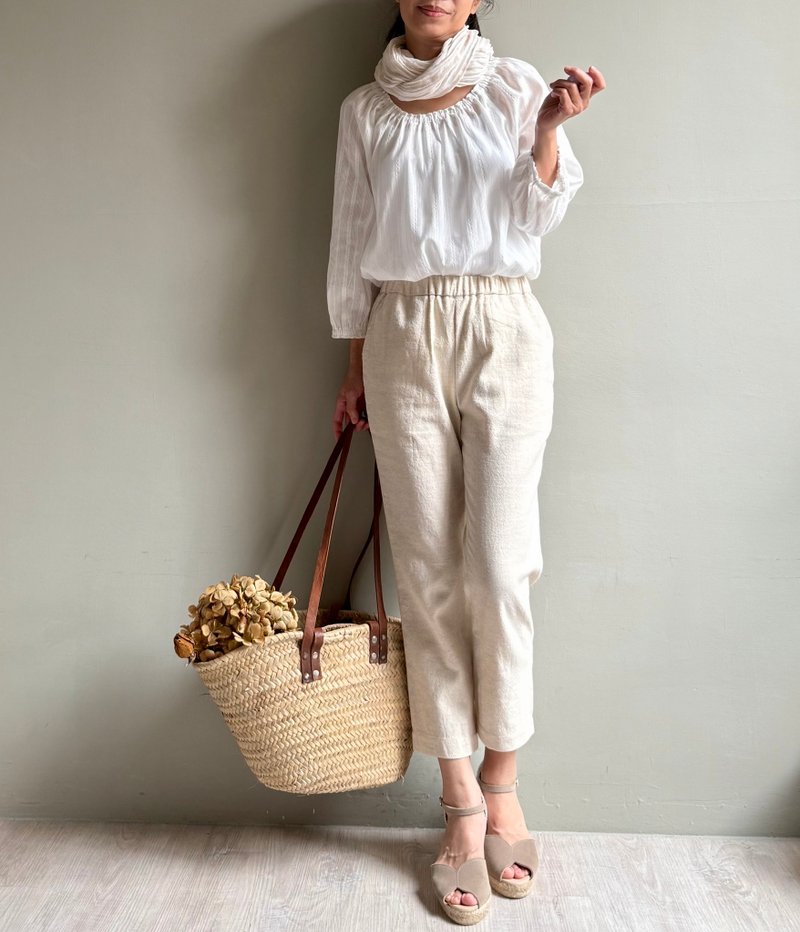 陽光市集/法式優雅米色棉麻窄版修身法式7分褲/只有一件 - 女長褲 - 棉.麻