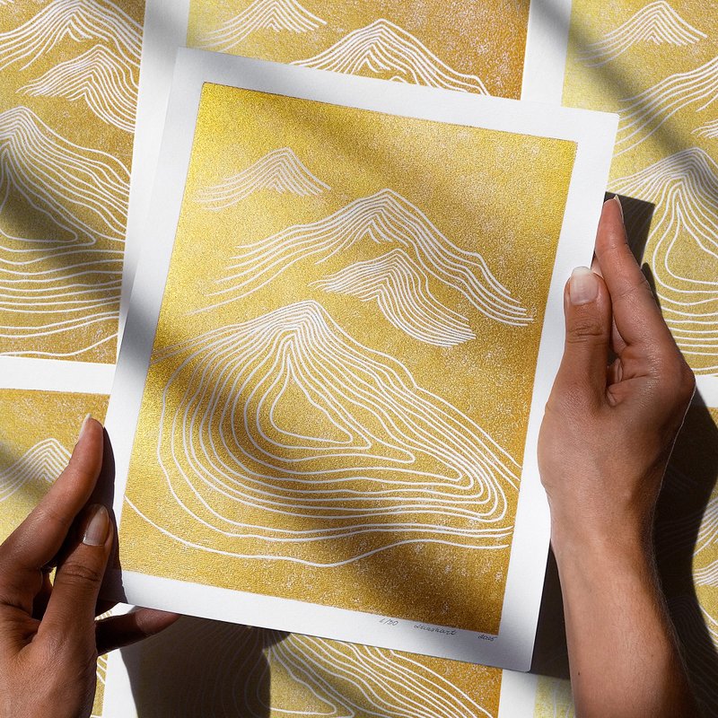 Gold Abstract Line Mountains 8x10 Fall Landscape Linocut Print Entryway Wall Art - 壁貼/牆壁裝飾 - 紙 金色