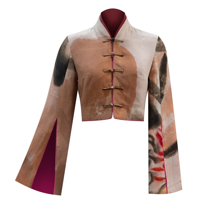 【延年壽酒】香港藝術館IP聯乘經典長衫款真絲露臍裝|港風新中式 - 女上衣/長袖上衣 - 絲.絹