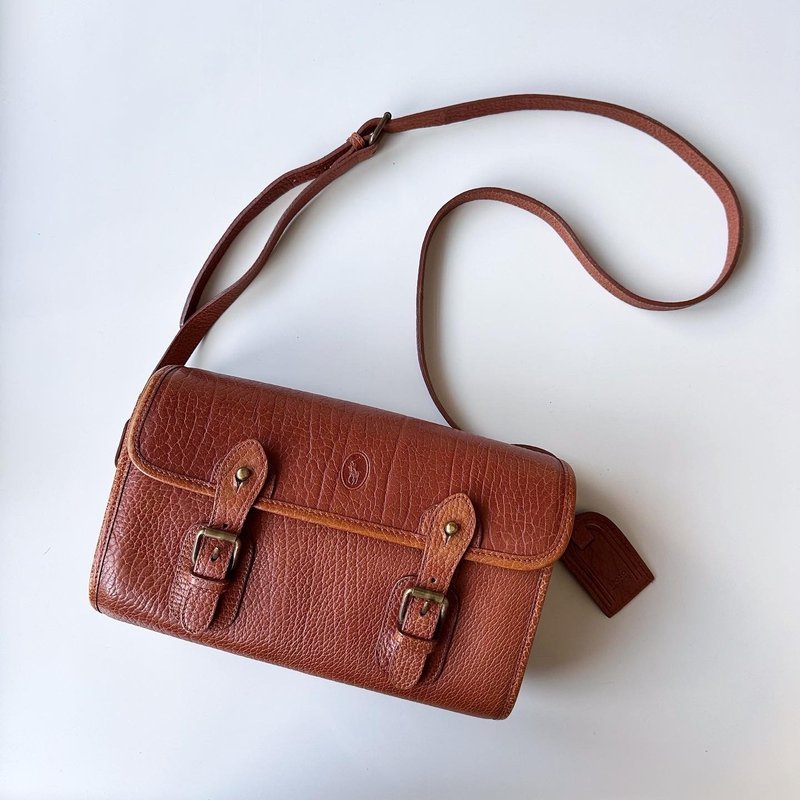 老骨頭 POLO RALPH LAUREN焦糖厚磅牛皮中性側背郵差包V12 - 側背包/斜背包 - 真皮