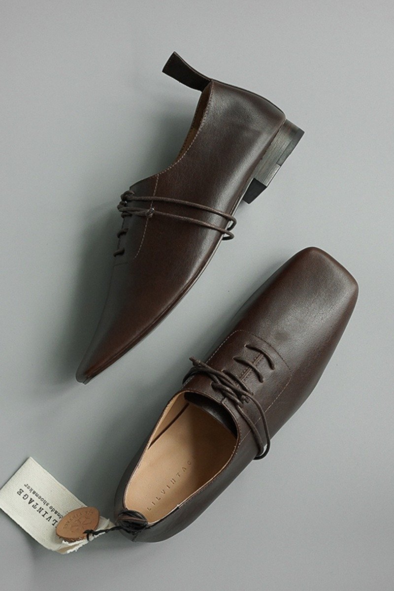 利落大方 方頭綁帶皮鞋 小牛皮 手工製 深咖色 - 其他女皮鞋 - 真皮