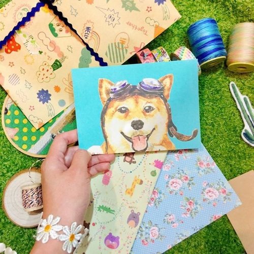 手绘水彩画柴犬飞行员卡片-快速到货
