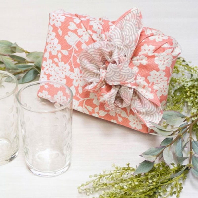 京都風呂敷包巾-褔結 中巾-櫻與青海波(粉+灰) - 手帕 - 棉.麻