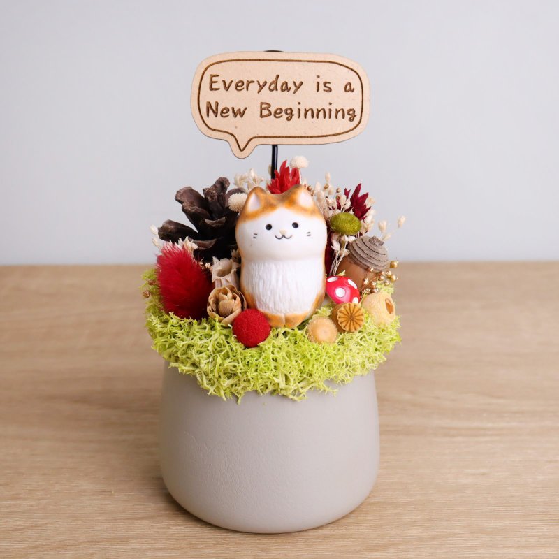 三花貓 乾燥花盆栽 客製化字牌 可夾卡片 聖誕 耶誕 交換禮物 - 乾燥花/永生花 - 木頭 橘色