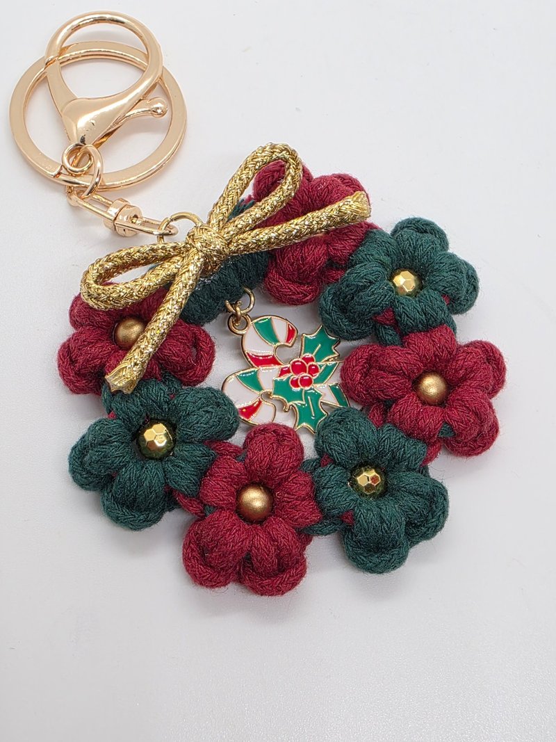 F.S.H 聖誕款設計。復古紅綠色。編織款掌心迷你花環。吊飾鑰匙圈 - 吊飾/掛飾 - 棉.麻 紅色