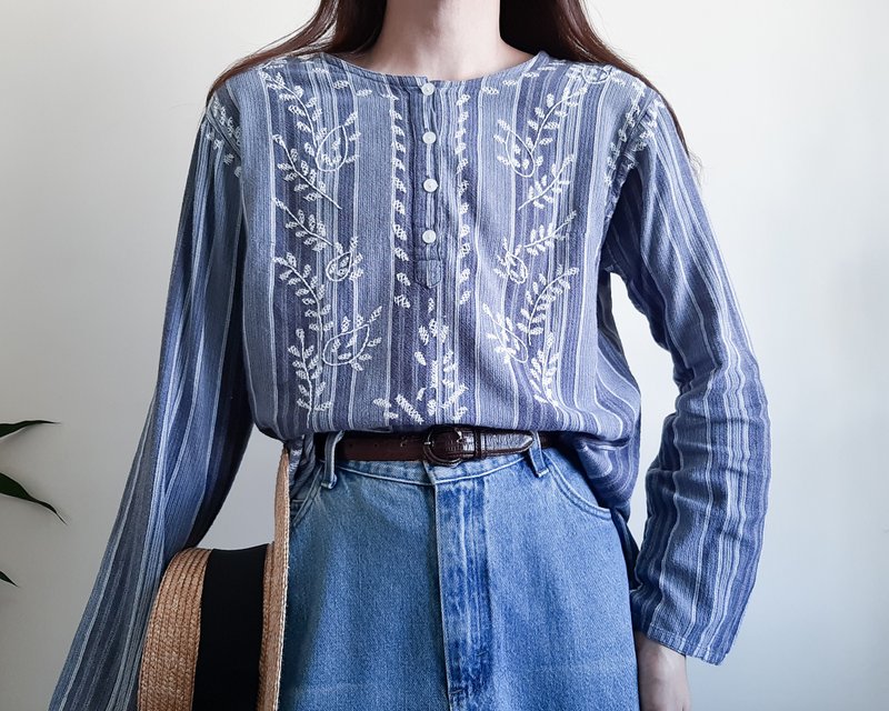 B MOSS 手工刺繡棉質襯衫波西米亞風襯衫套頭條紋襯衫 - 女襯衫 - 棉.麻 藍色